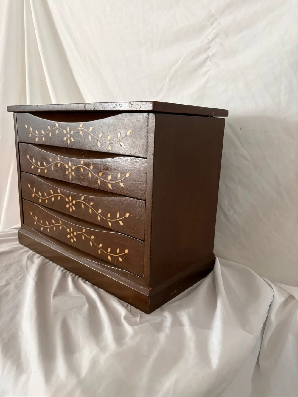 Vintage wood inlay large jewelry box storage boho midcentury home decor